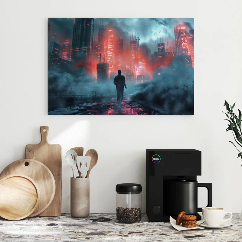 Metall Magnettafel - Stadt im roten Neonlicht