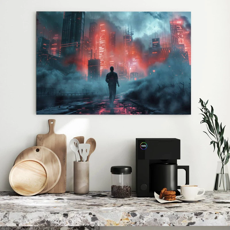 Metall Magnettafel - Stadt im roten Neonlicht