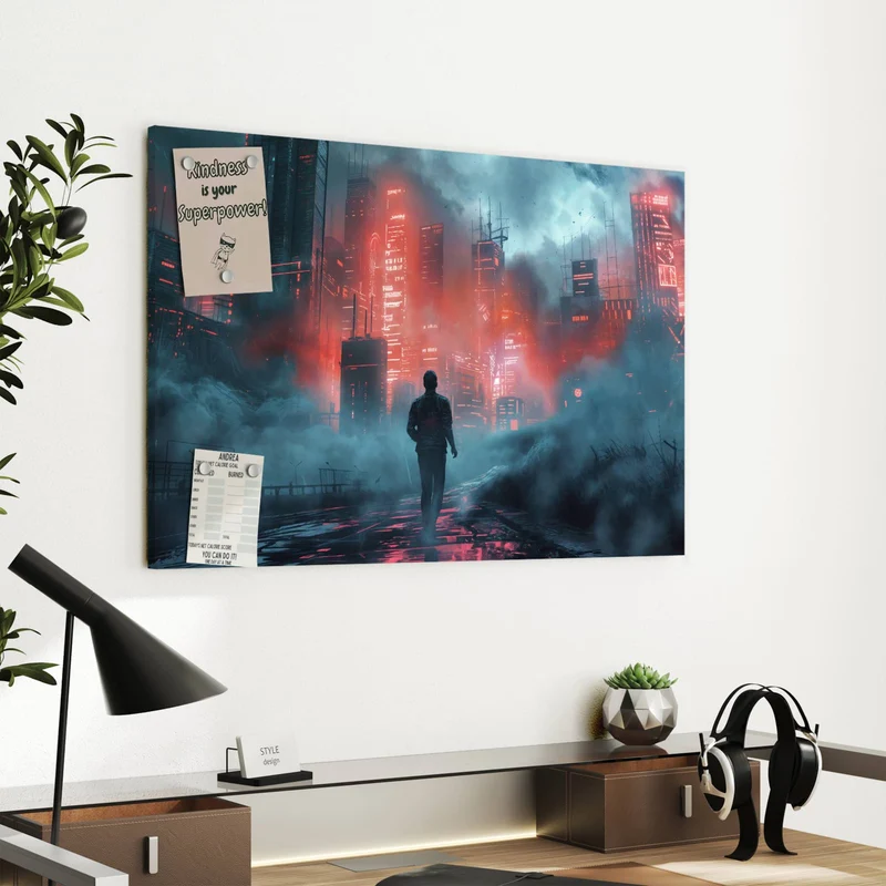 Metall Magnettafel - Stadt im roten Neonlicht