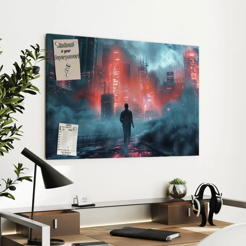 Metall Magnettafel - Stadt im roten Neonlicht