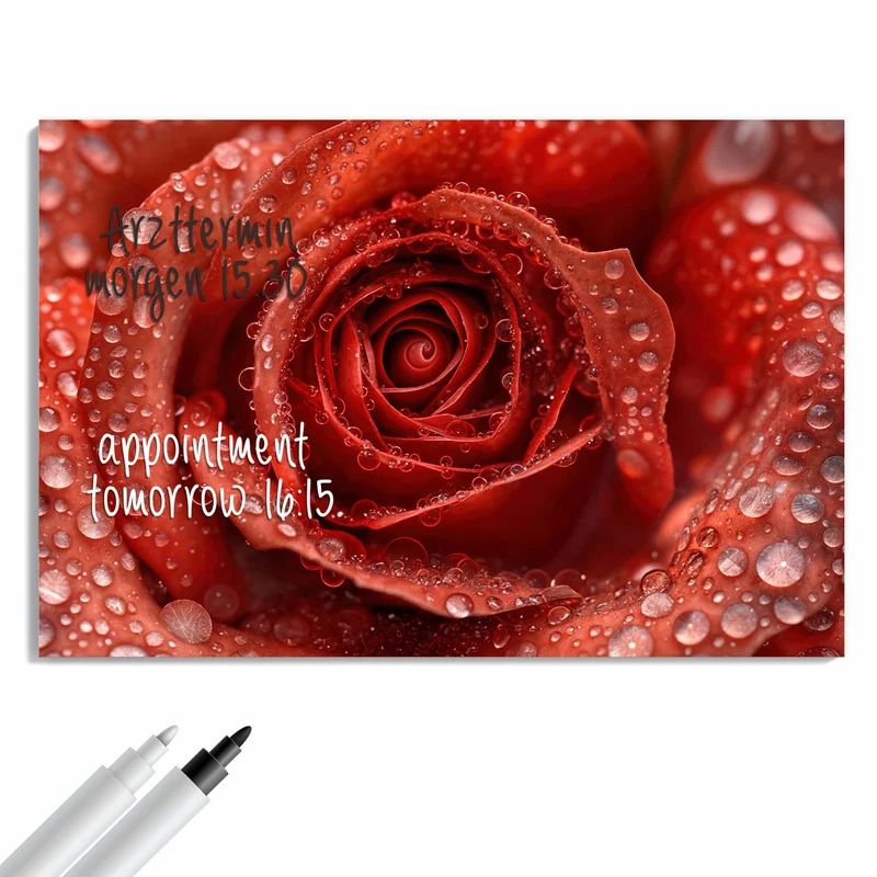 Metall Magnettafel - Rote Rose mit Tropfen