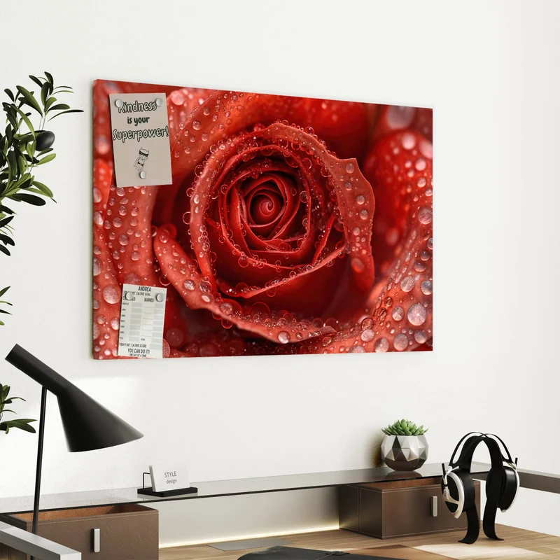 Metall Magnettafel - Rote Rose mit Tropfen