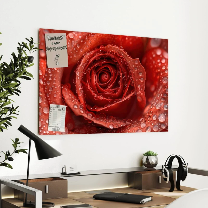 Metall Magnettafel - Rote Rose mit Tropfen