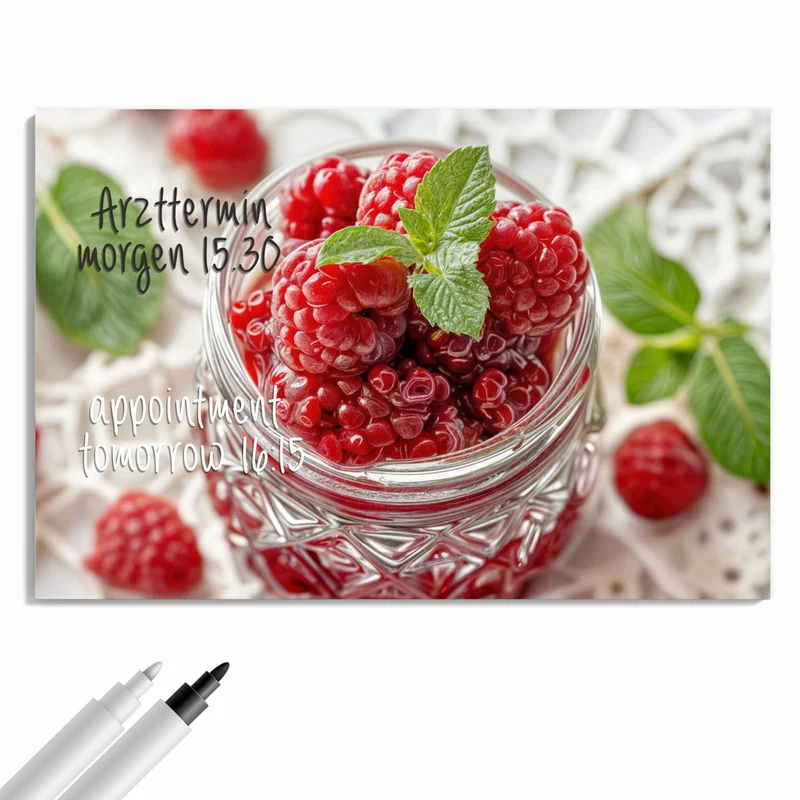 Metall Magnettafel - Glas mit Himbeeren