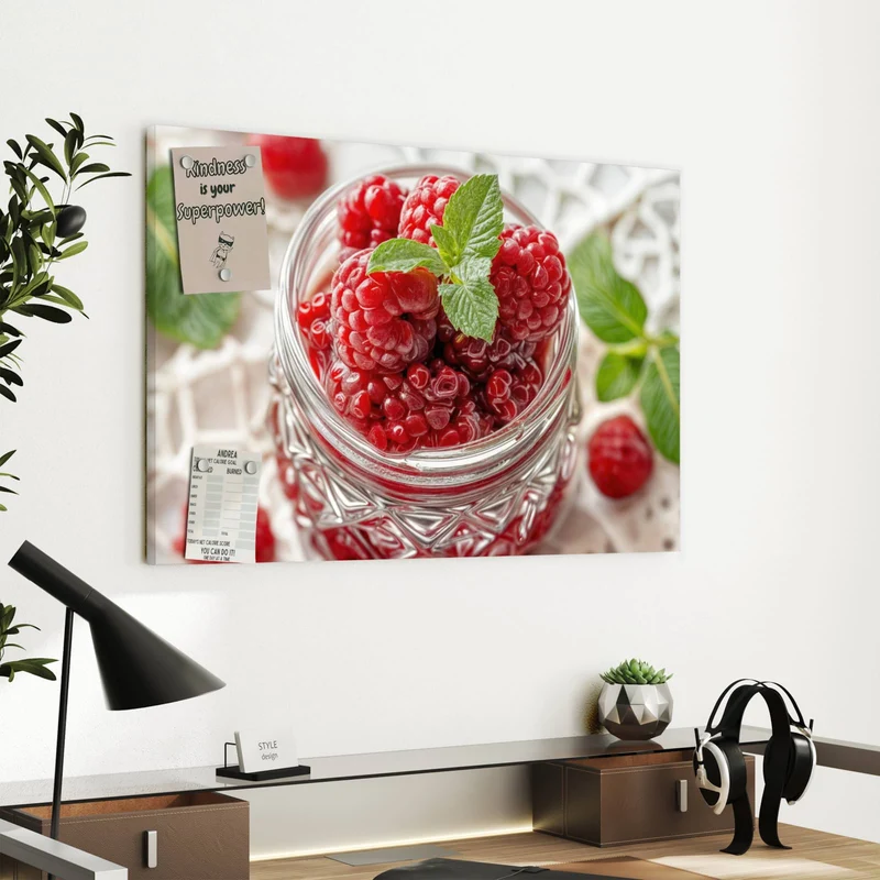 Metall Magnettafel - Glas mit Himbeeren
