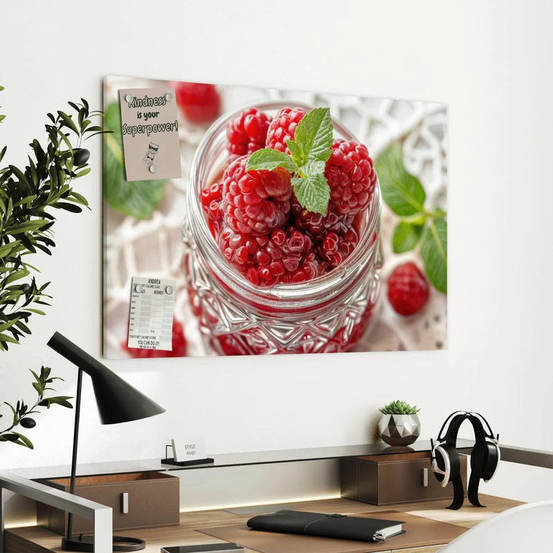 Metall Magnettafel - Glas mit Himbeeren