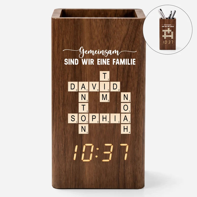 Gemeinsam Sind Wir Eine Familie - Personalisiertes Kreuzworträtsel Geschenk | Stiftehalter Mit Uhr