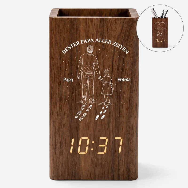 Bester Papa Aller Zeiten - Personalisiertes Geschenk | Stiftehalter Mit Uhr Papa Opa Schuhabdruck