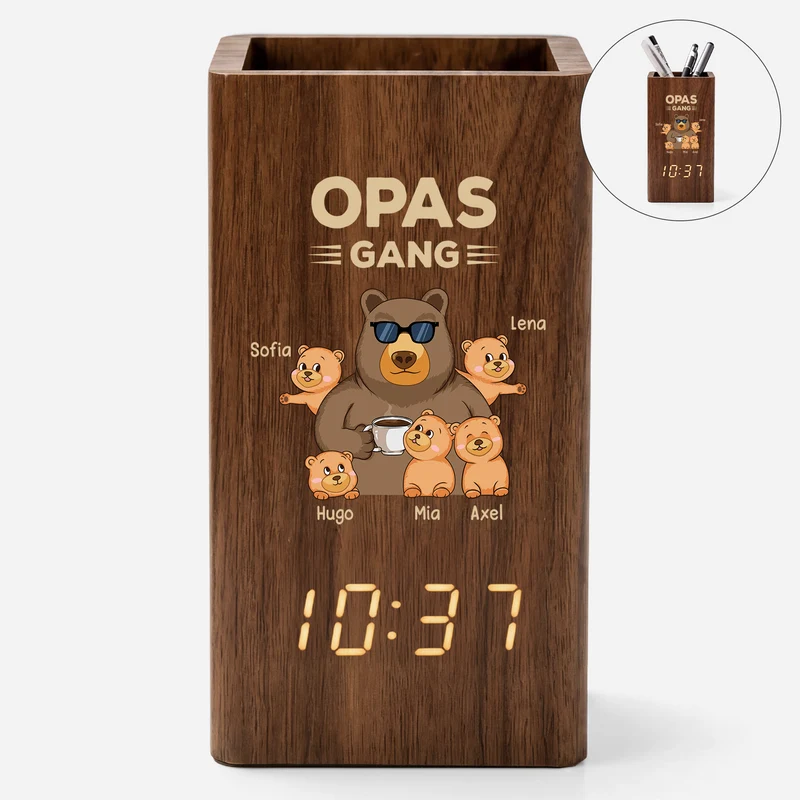 Papas Gang - Personalisiertes Geschenk | Stiftehalter Mit Uhr Papa Opa Bär