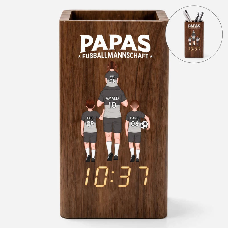 Papas Dreamteam Fußball - Personalisiertes Geschenk | Stiftehalter Mit Uhr Papa Mama