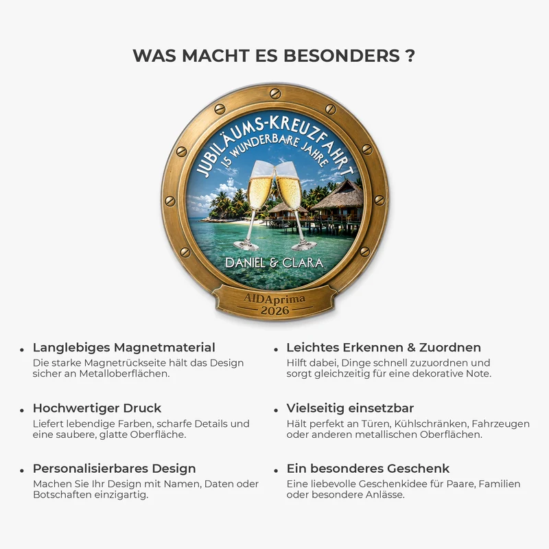 Jubiläums-Kreuzfahrt - Personalisierte Geschenke Paar | Acryl Magnet Bullauge Prost