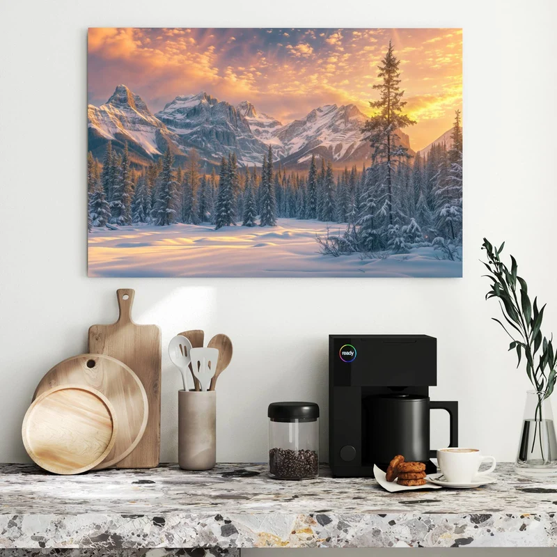 Metall Magnettafel - Winterwald vor Bergen