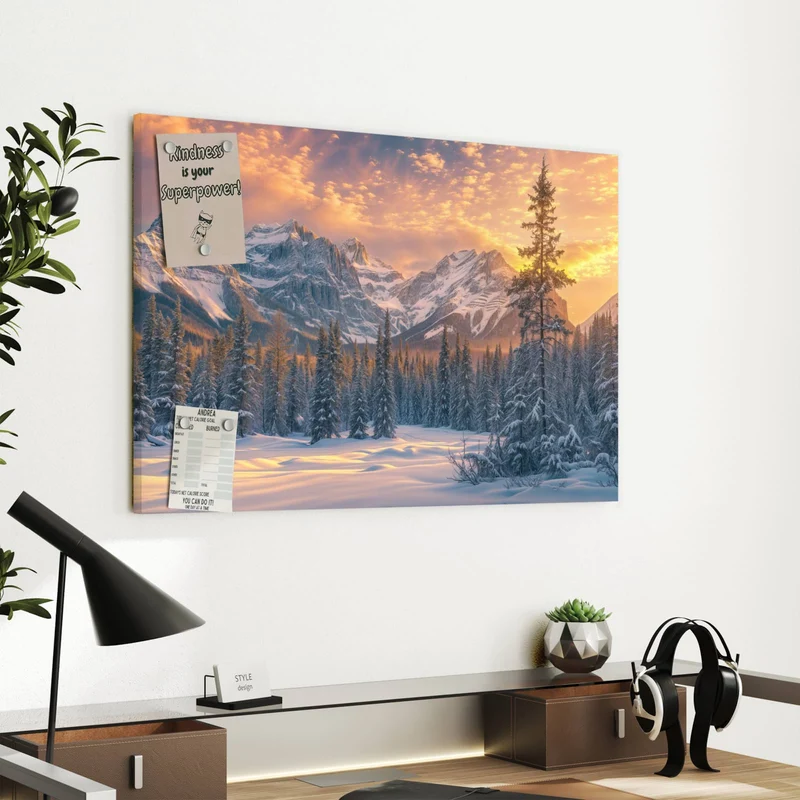 Metall Magnettafel - Winterwald vor Bergen