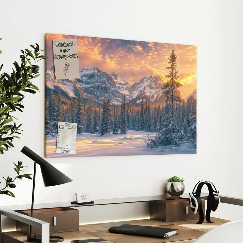 Metall Magnettafel - Winterwald vor Bergen