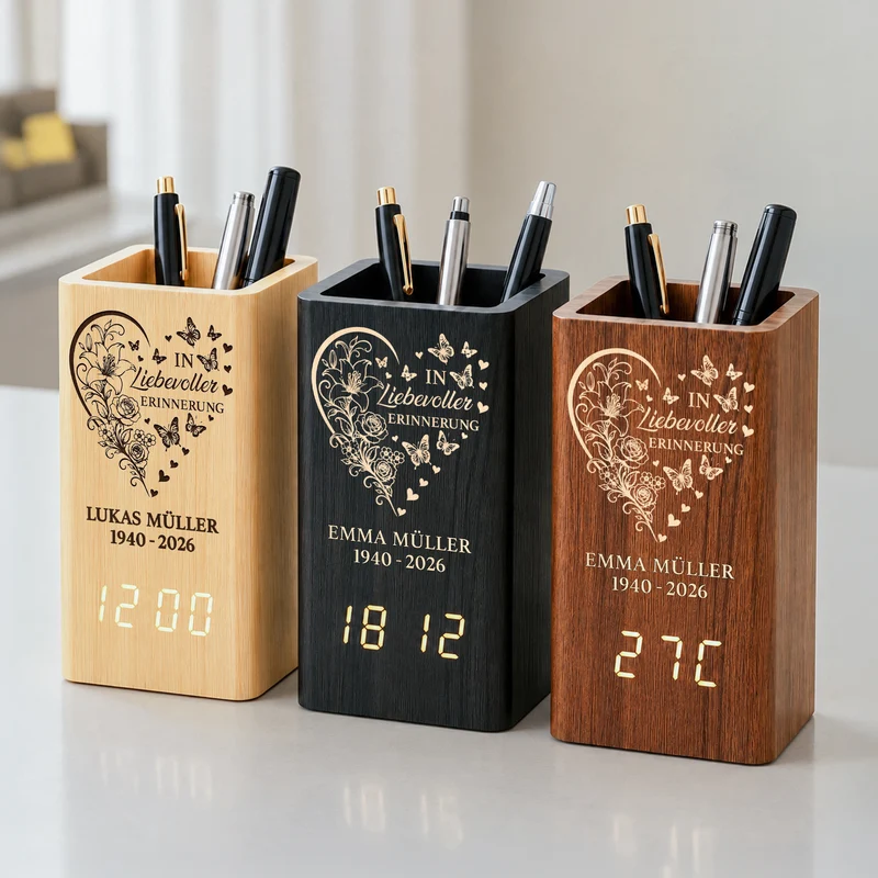 Für Immer In Unseren Herzen - Personalisierte Trauergeschenke | Stiftehalter Mit Uhr