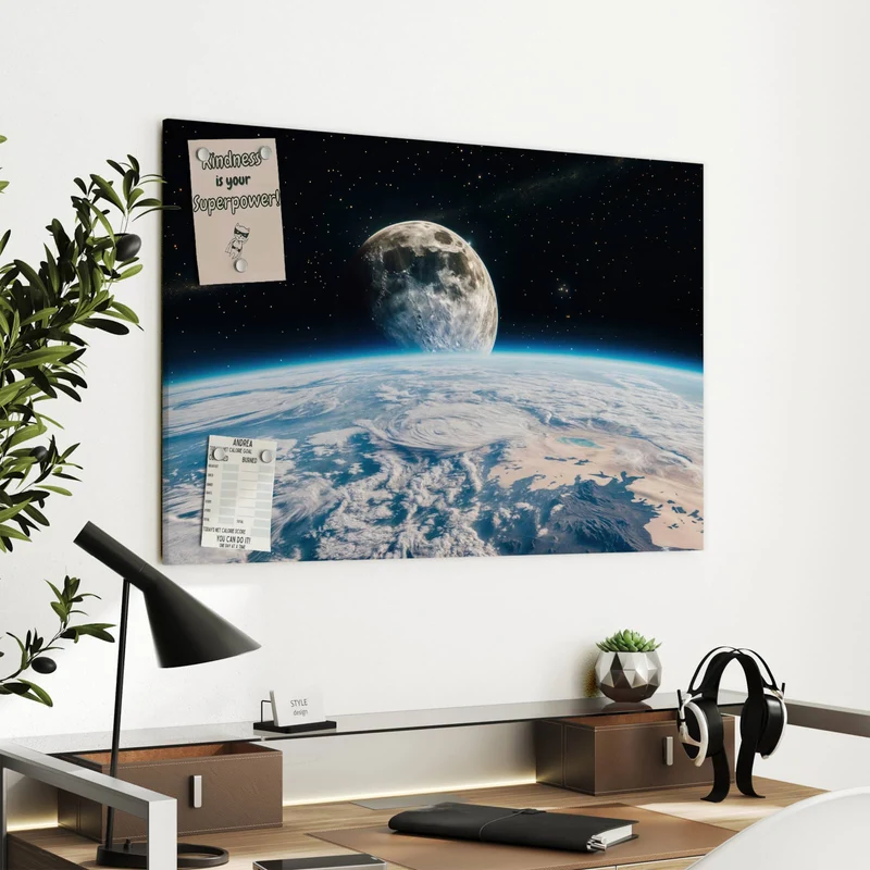Metall Magnettafel - Mond über der Erde