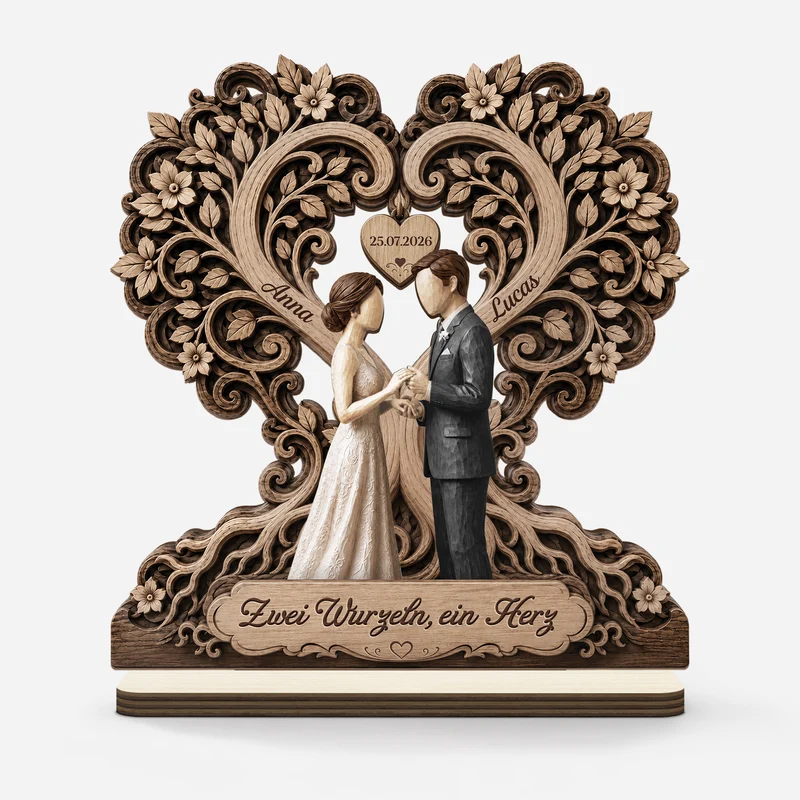 [3D-Optik] Zwei Wurzeln Ein Herz - Personalisierte Hochzeitsgeschenke | Brautpaar Holzaufsteller Mit Standfuß