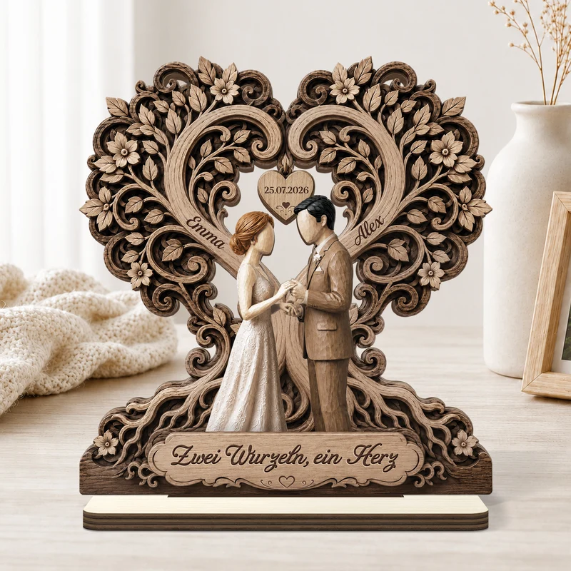 [3D-Optik] Zwei Wurzeln Ein Herz - Personalisierte Hochzeitsgeschenke | Brautpaar Holzaufsteller Mit Standfuß