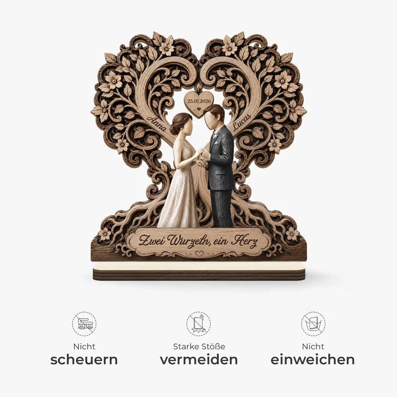 [3D-Optik] Zwei Wurzeln Ein Herz - Personalisierte Hochzeitsgeschenke | Brautpaar Holzaufsteller Mit Standfuß