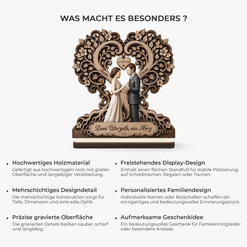 [3D-Optik] Zwei Wurzeln Ein Herz - Personalisierte Hochzeitsgeschenke | Brautpaar Holzaufsteller Mit Standfuß