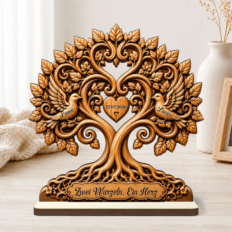 [3D-Optik] Zwei Wurzeln Ein Herz - Personalisierte Hochzeitsgeschenke | Holzaufsteller Mit Standfuß Brautpaar