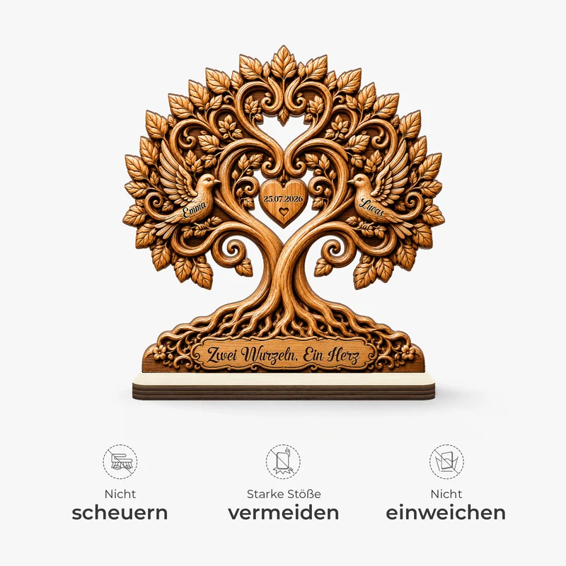 [3D-Optik] Zwei Wurzeln Ein Herz - Personalisierte Hochzeitsgeschenke | Holzaufsteller Mit Standfuß Brautpaar