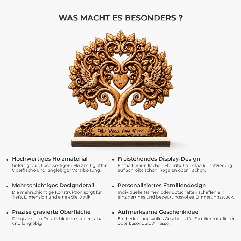 [3D-Optik] Zwei Wurzeln Ein Herz - Personalisierte Hochzeitsgeschenke | Holzaufsteller Mit Standfuß Brautpaar