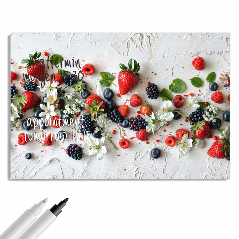 Metall Magnettafel - Beeren mit weißen Blüten