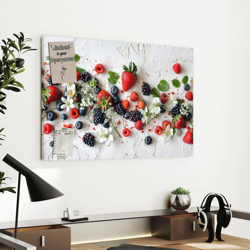 Metall Magnettafel - Beeren mit weißen Blüten