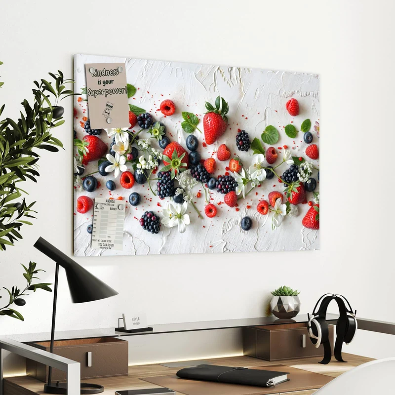 Metall Magnettafel - Beeren mit weißen Blüten
