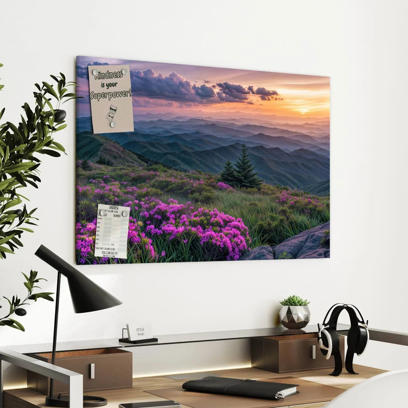 Metall Magnettafel - Blüten vor Bergketten