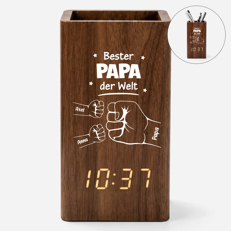 Bester Papa Der Welt - Personalisiertes Geschenk | Stiftehalter Mit Uhr Papa Opa