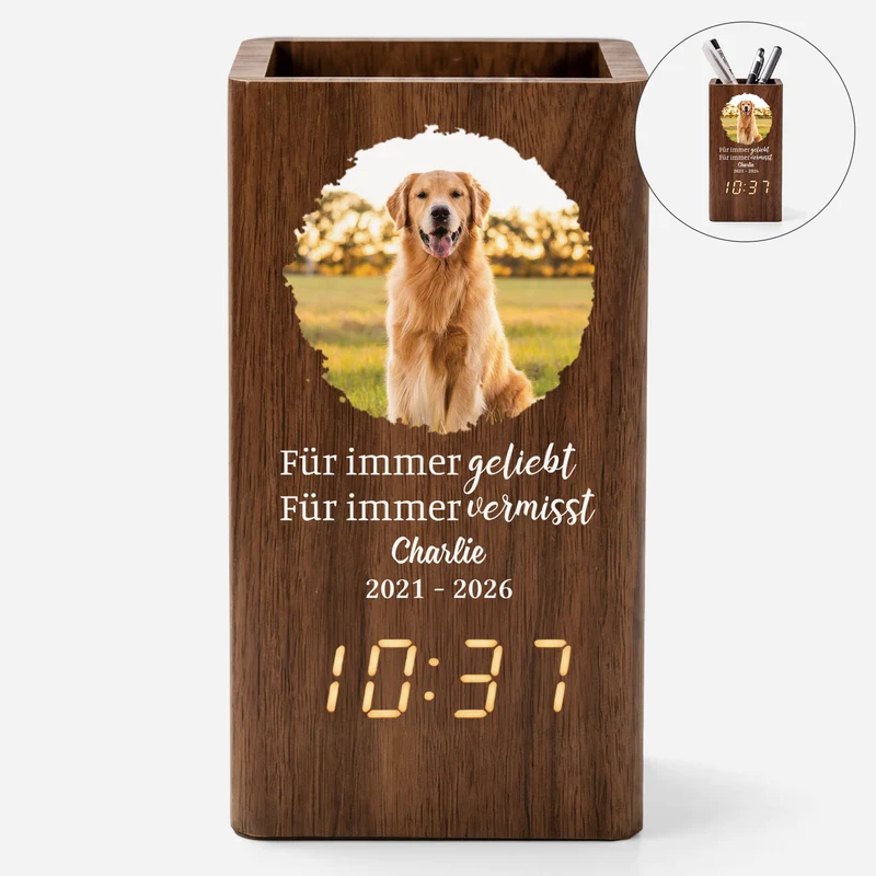 Für Immer Geliebt Für Immer Vermisst - Personalisierte Trauergeschenke | Stiftehalter Mit Uhr Foto Hund Katze
