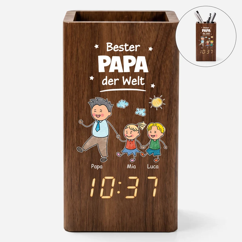 Bester Papa Der Welt - Personalisiertes Geschenk | Stiftehalter mit Uhr Herren Papa Opa Buntstifte