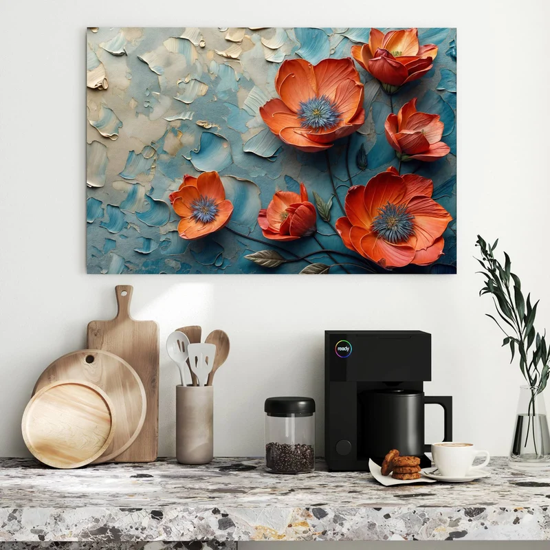 Metall Magnettafel - Oranger Mohn auf Blau