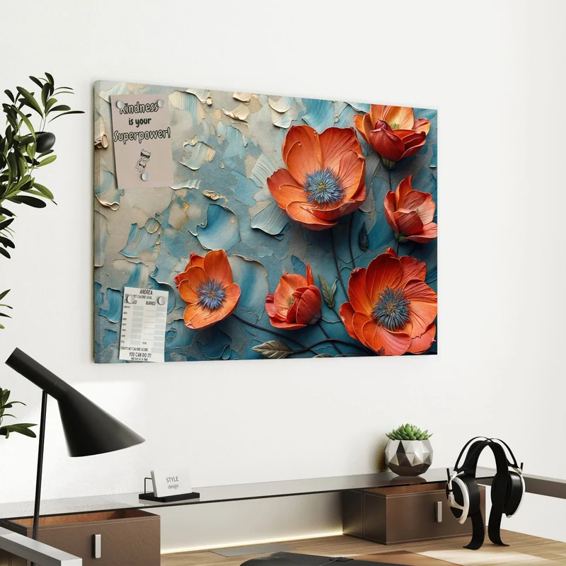 Metall Magnettafel - Oranger Mohn auf Blau
