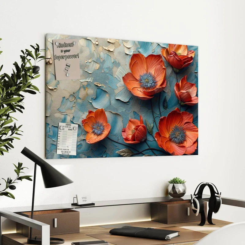 Metall Magnettafel - Oranger Mohn auf Blau