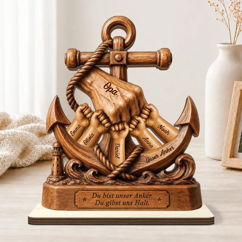[3D-Optik] Du Bist Unser Anker Du Gibst Uns Halt - Personalisiertes Geschenk | Holzaufsteller Mit Standfuß Papa Opa