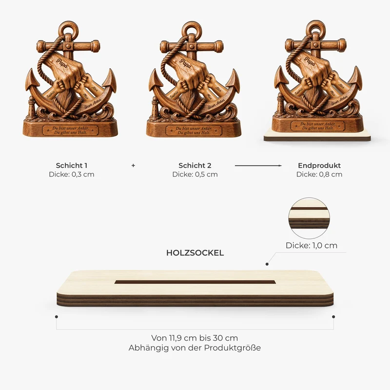 [3D-Optik] Du Bist Unser Anker Du Gibst Uns Halt - Personalisiertes Geschenk | Holzaufsteller Mit Standfuß Papa Opa