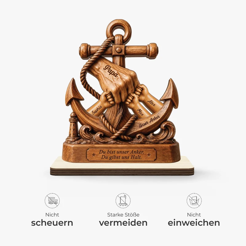 [3D-Optik] Du Bist Unser Anker Du Gibst Uns Halt - Personalisiertes Geschenk | Holzaufsteller Mit Standfuß Papa Opa