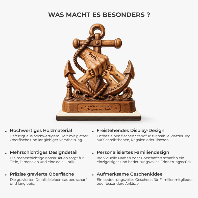 [3D-Optik] Du Bist Unser Anker Du Gibst Uns Halt - Personalisiertes Geschenk | Holzaufsteller Mit Standfuß Papa Opa