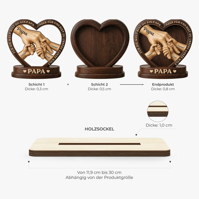 [3D-Optik] Für Die Welt Bist Du Unser Papa - Personalisiertes Geschenk | Holzaufsteller Mit Standfuß Papa Mama
