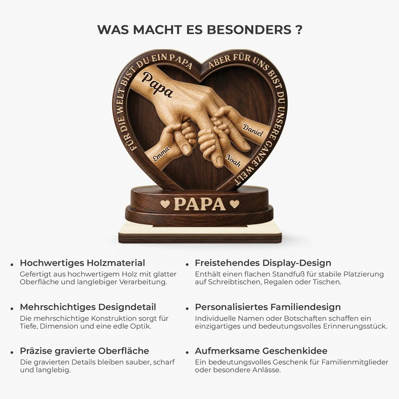 [3D-Optik] Für Die Welt Bist Du Unser Papa - Personalisiertes Geschenk | Holzaufsteller Mit Standfuß Papa Mama