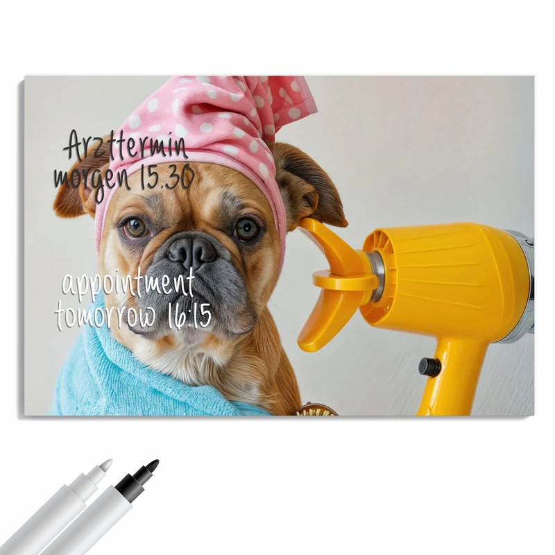 Metall Magnettafel - Hund im Bademantel