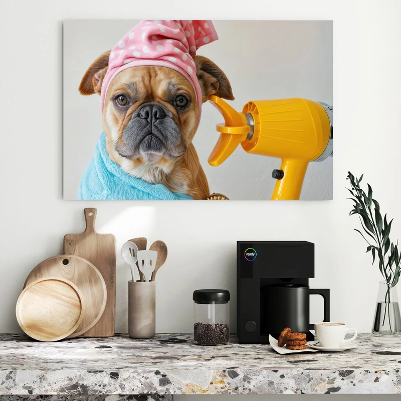 Metall Magnettafel - Hund im Bademantel