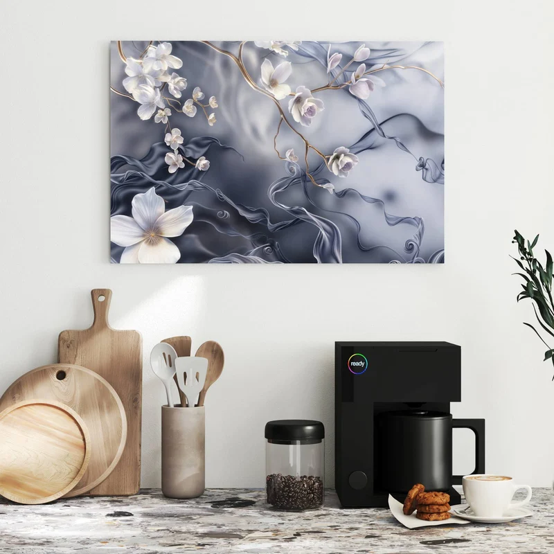 Metall Magnettafel - Weiße Blüten auf Seide