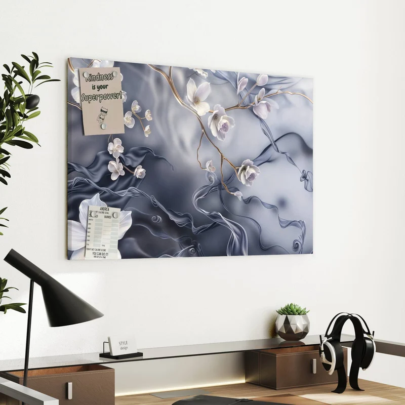 Metall Magnettafel - Weiße Blüten auf Seide