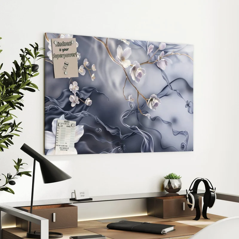 Metall Magnettafel - Weiße Blüten auf Seide