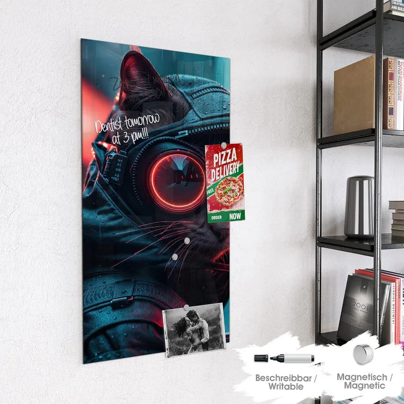 Magnettafel - Katze im Neonregen