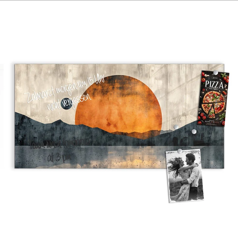 Magnettafel - Orange Sonne über Bergen
